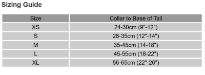 Crewsaver Petfloat Size Chart