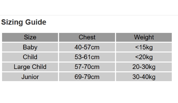 Crewsaver Size Chart